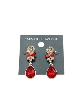 Saks Fifth Avenue Gold Plated & Red Crystal Teardrop Costume Jewelry Earrings